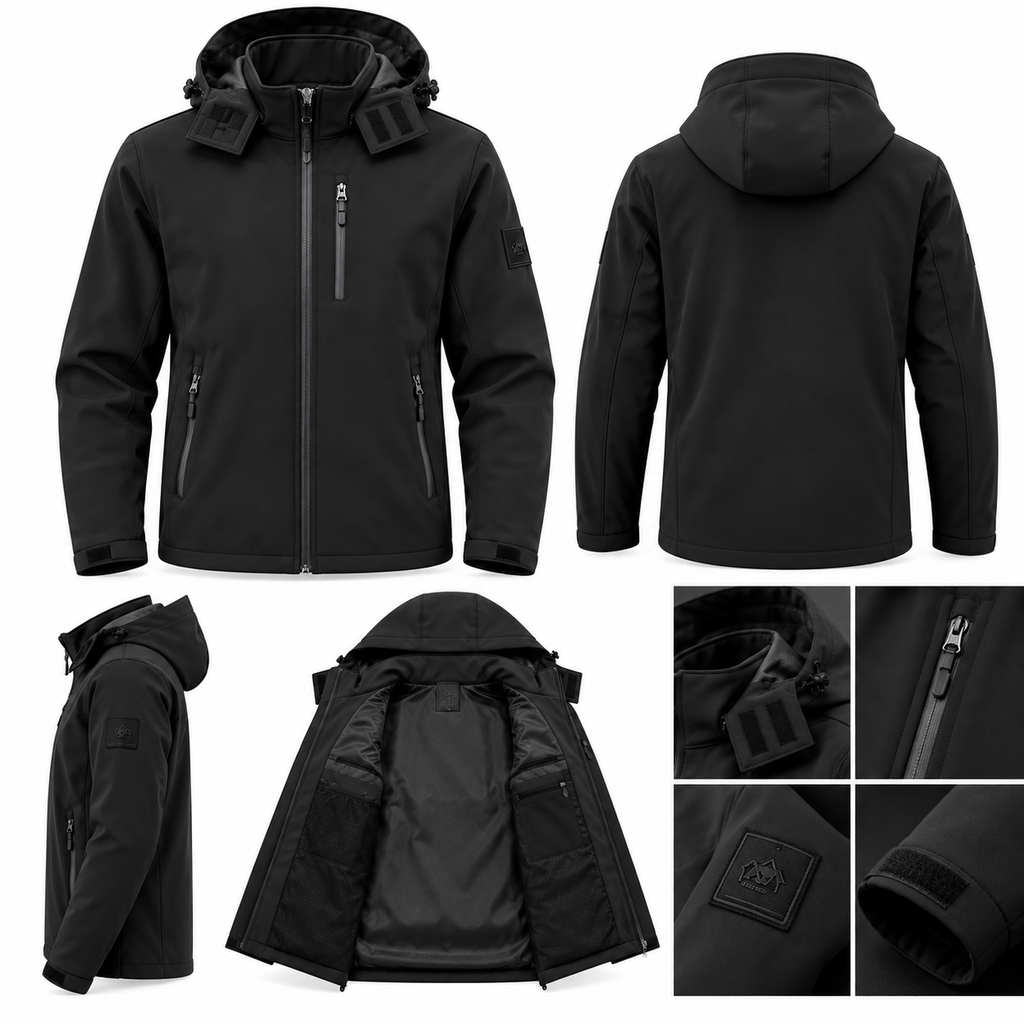 Ανδρικό Μαύρο Μπουφάν Softshell με Κουκούλα Plus Size