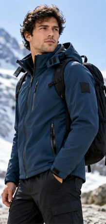 Ανδρικό Σκούρο Μπλε Μπουφάν Softshell με Κουκούλα Plus Size
