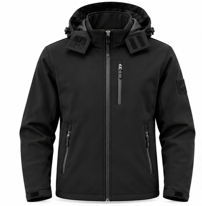 Ανδρικό Μαύρο Μπουφάν Softshell με Κουκούλα Plus Size