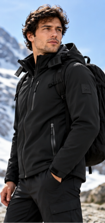 Ανδρικό Μαύρο Μπουφάν Softshell με Κουκούλα Plus Size