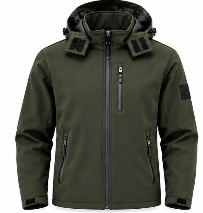 Ανδρικό Χακί Μπουφάν Softshell με Κουκούλα Plus Size