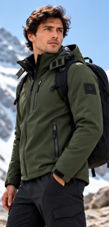 Ανδρικό Χακί Μπουφάν Softshell με Κουκούλα Plus Size