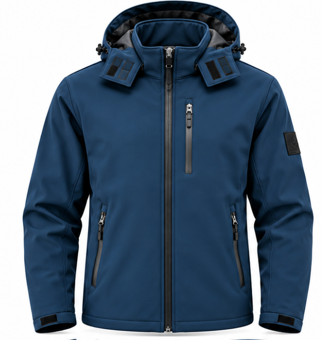 Ανδρικό Σκούρο Μπλε Μπουφάν Softshell με Κουκούλα Plus Size