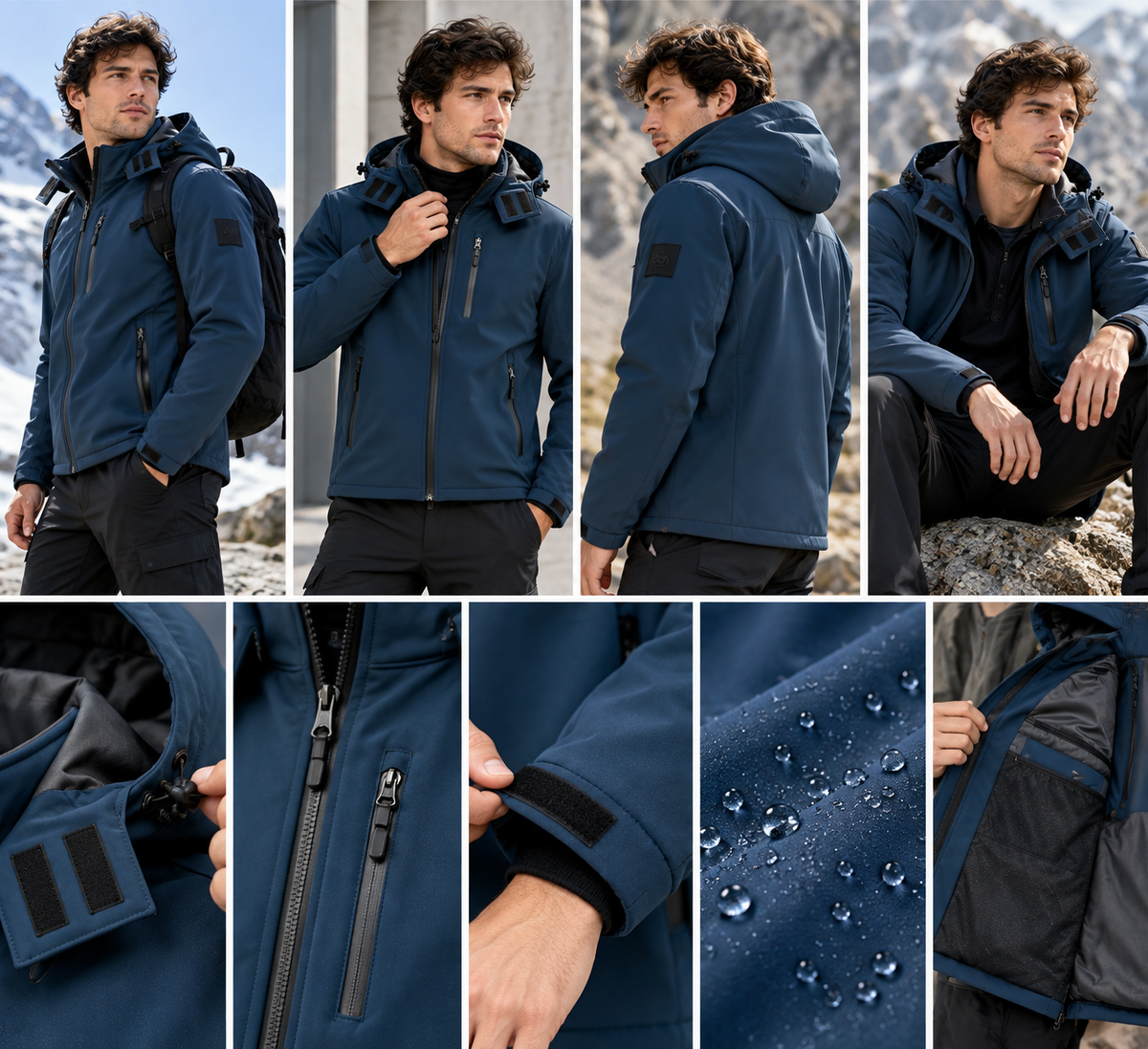 Ανδρικό Σκούρο Μπλε Μπουφάν Softshell με Κουκούλα Plus Size