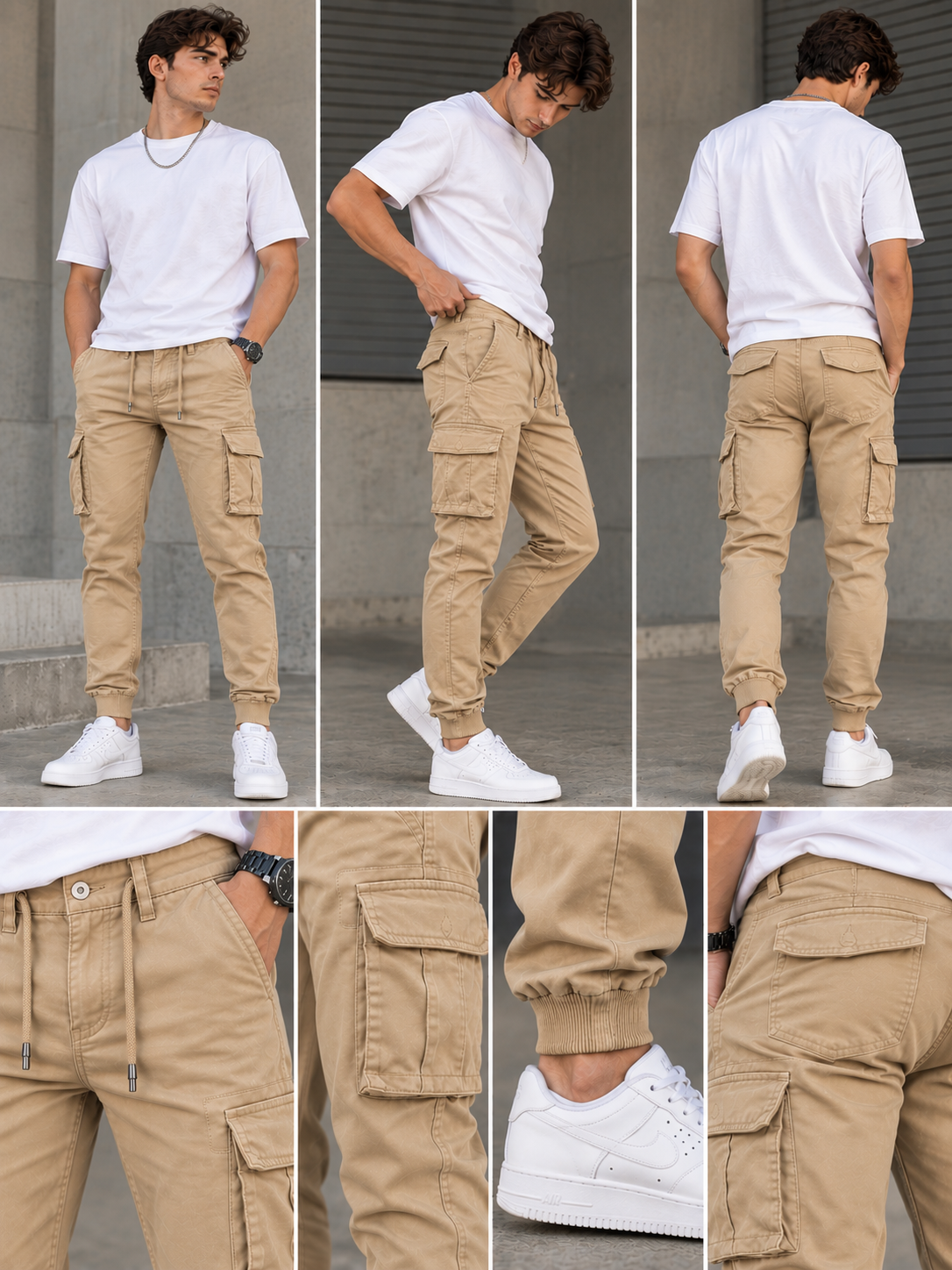 Μπέζ Cargo Παντελόνι Jogger με Πλαϊνές Τσέπες