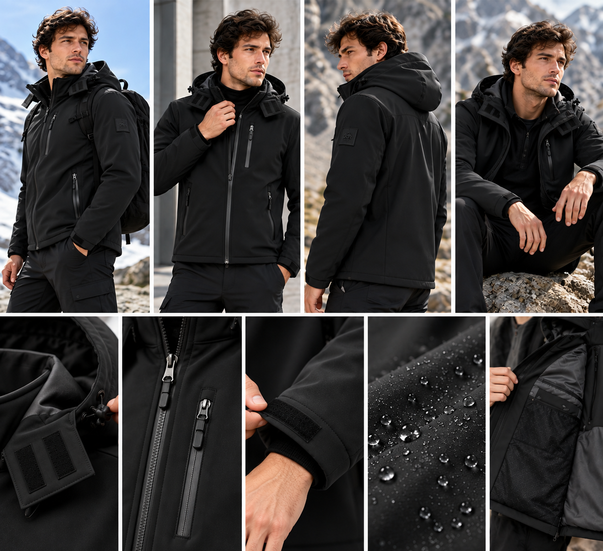 Ανδρικό Μαύρο Μπουφάν Softshell με Κουκούλα Plus Size