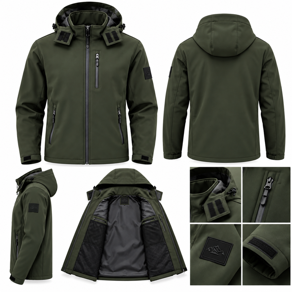 Ανδρικό Χακί Μπουφάν Softshell με Κουκούλα Plus Size