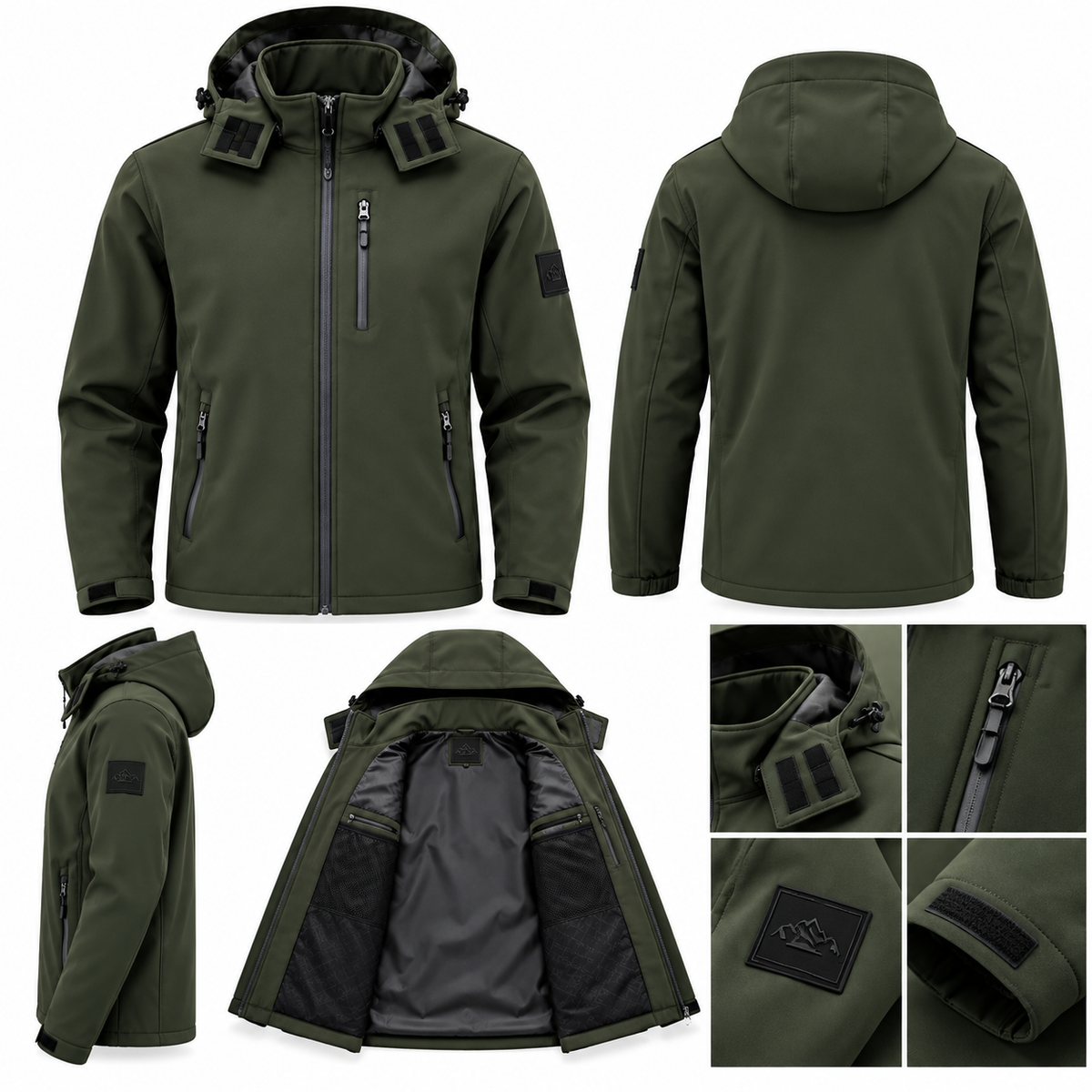 Ανδρικό Χακί Μπουφάν Softshell με Κουκούλα Plus Size