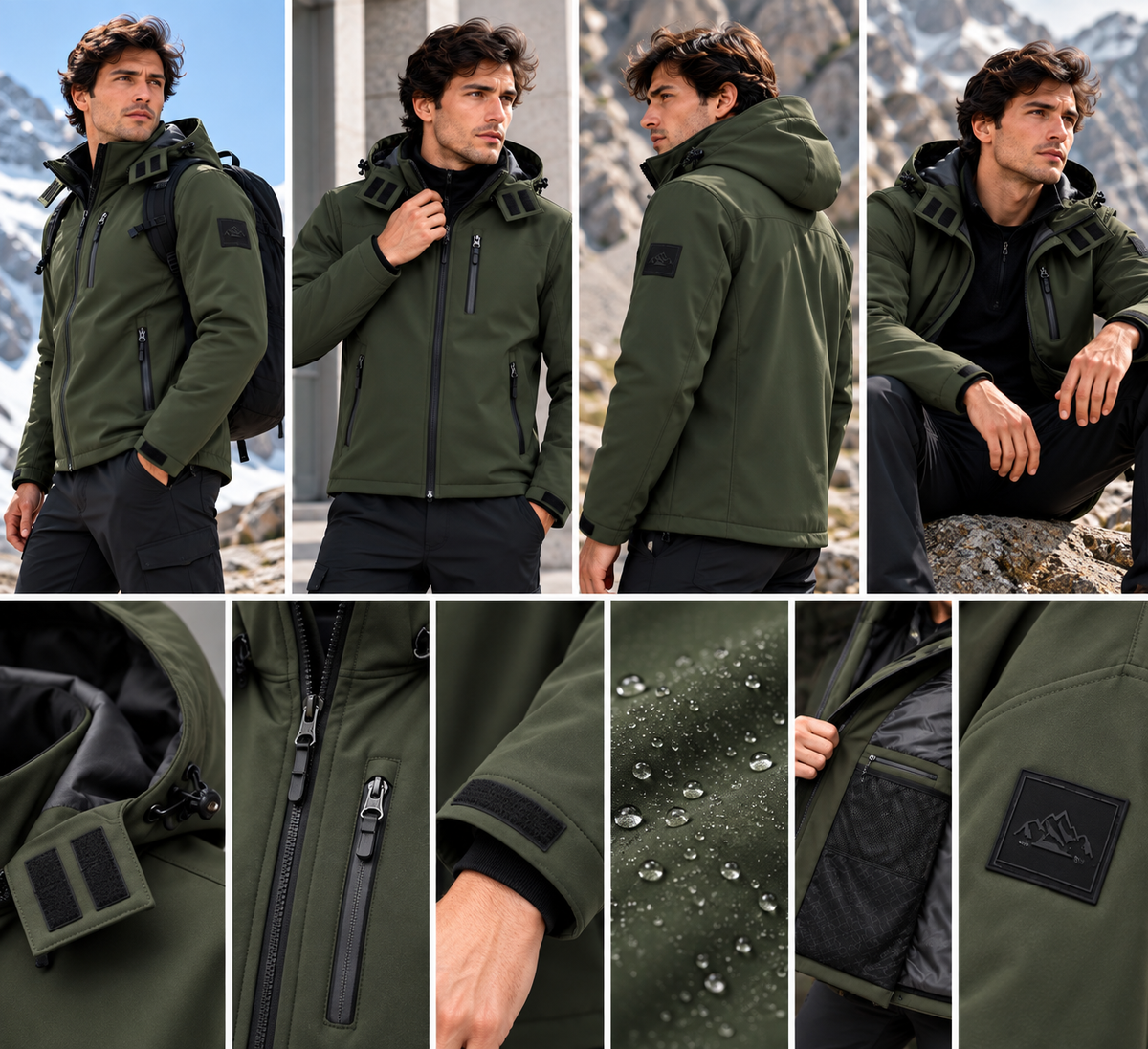 Ανδρικό Χακί Μπουφάν Softshell με Κουκούλα Plus Size